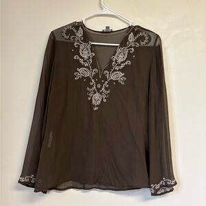 ANN TAYLOR - Brown Embroidered Sheer Women's Top